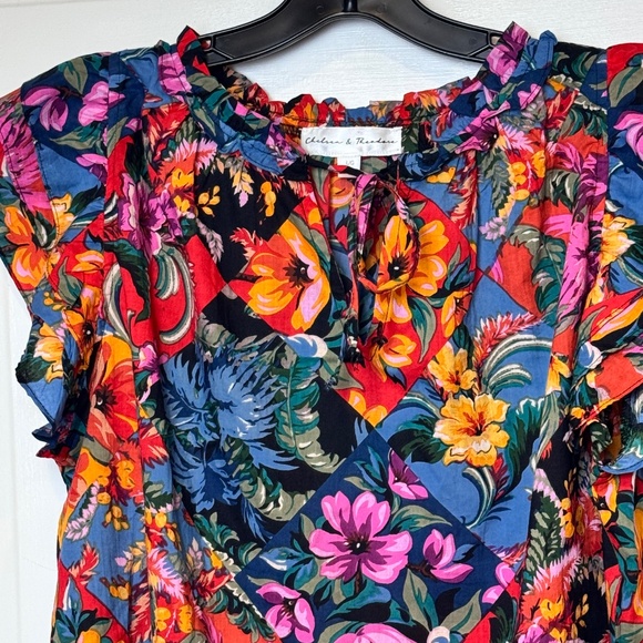 Chelsea & Theodore Vibrant Floral Sleeveless Ruffle Tie Neck Blouse, EUC, Sz L - Picture 2 of 6